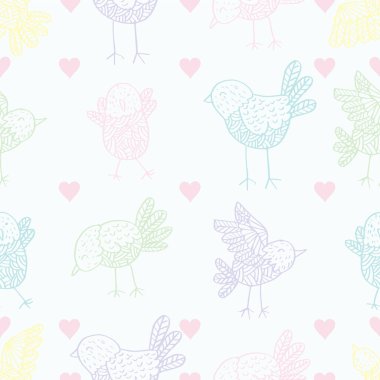 Sevimli kuşlar ve kalplerle kusursuz bir desen. Vektör illüstrasyonu.