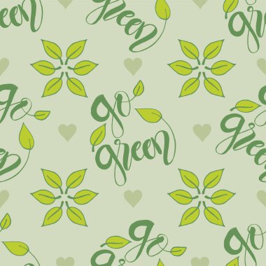 Kusursuz desenli, yeşil harfli ve yapraklı. Vektör illüstrasyonu.