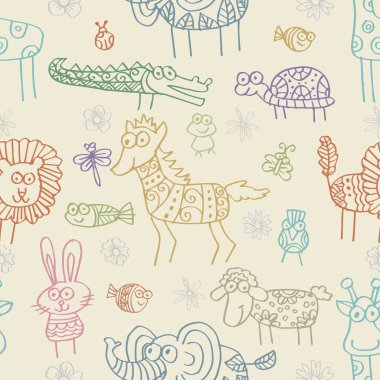 Şirin karalama hayvanlarıyla kusursuz desen. El çizimi vektör illüstrasyonu.