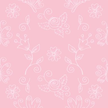 Çiçekler ve kelebeklerle kusursuz desen. Pastel renklerde vektör illüstrasyonu.