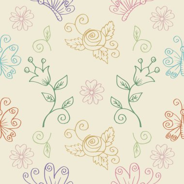 Çiçekler ve kelebeklerle kusursuz desen. Pastel renklerde vektör illüstrasyonu.
