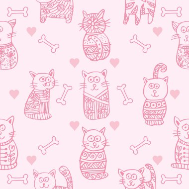 Şirin kedileri, kalpleri ve kemikleri olan kusursuz bir desen. Vektör illüstrasyonu.
