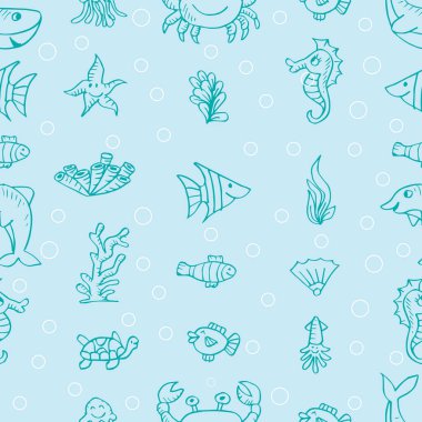 Deniz hayvanlarında kusursuz desen. Vektör çizimi. Deniz arkaplanı.