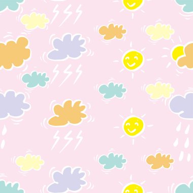 Güzel bulutları, şimşeği ve güneşi olan kusursuz bir desen. Vektör illüstrasyonu.