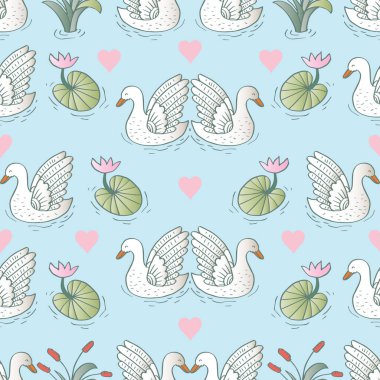 Kuğular, çiçekler ve kalplerle kusursuz desen. Vektör illüstrasyonu.