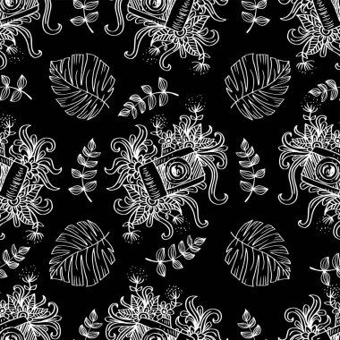 Elle çizilmiş karalama kamerası ve çiçek elementleriyle kusursuz desen. Vektör illüstrasyonu.