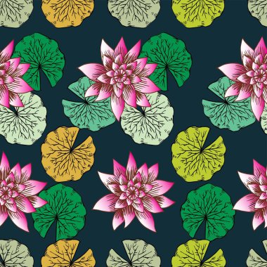 Lotus çiçek ve yaprakları ile Seamless modeli. Vektör çizim.