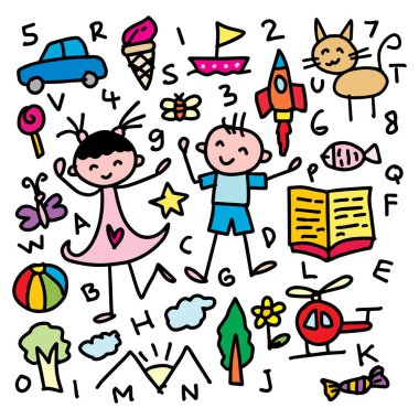 Çizen çocuklar, çizen çocuklar, çizen çocukların el çizimi Vektör çizimi