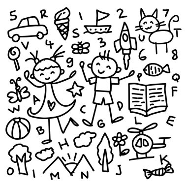 Çizen çocuklar, çizen çocuklar, çizen çocukların el çizimi Vektör çizimi