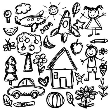 Elle çizilmiş çocuk karalamaları. Vektör illüstrasyonu.