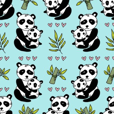 Tatlı panda anne, bebek ve bambu ağacıyla kusursuz desen. Vektör illüstrasyonu.