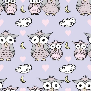 Baykuşlar, bulutlar ve kalplerle kusursuz bir şablon. El çizimi illüstrasyon.