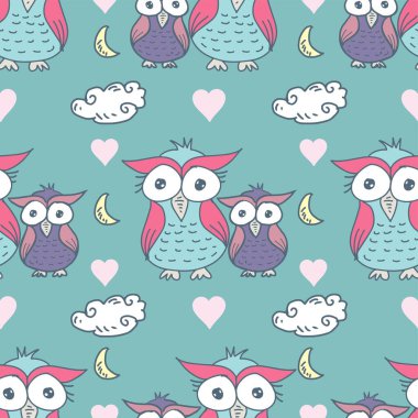 Baykuşlar, bulutlar ve kalplerle kusursuz bir şablon. El çizimi illüstrasyon.