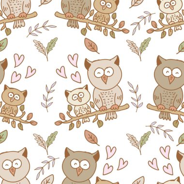 Sevimli baykuşlar ve dallarla kusursuz bir desen. Vektör illüstrasyonu.