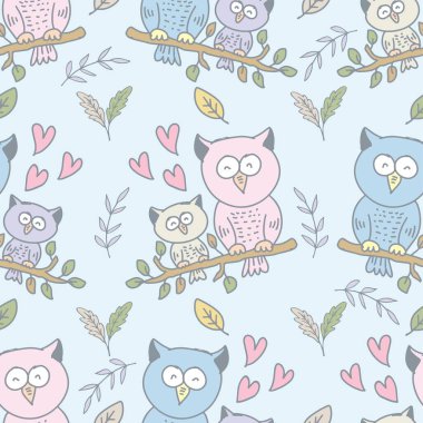 Sevimli baykuşlar ve dallarla kusursuz bir desen. Vektör illüstrasyonu.
