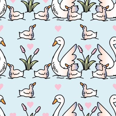 Açık mavi arka planda kuğular ve ördekler olan kusursuz desenler. Vektör illüstrasyonu.