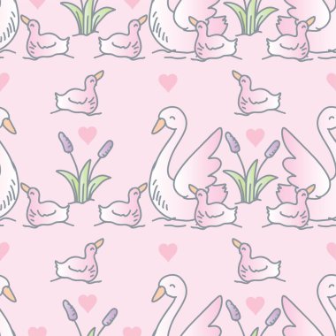 Pembe arka planda kuğular ve ördekler olan kusursuz bir desen. Vektör illüstrasyonu.