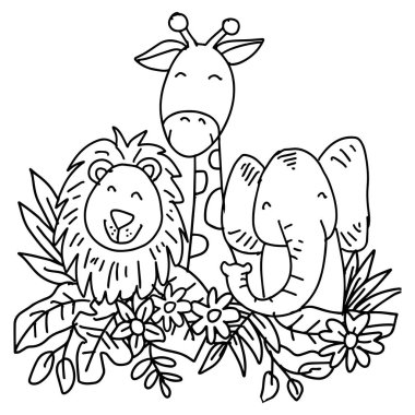 Şirin zürafa, çiçekli aslan ve fil. Vektör illüstrasyonu.