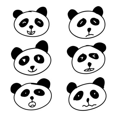 Bir grup şirin panda suratı. Karalama biçiminde vektör illüstrasyonu.