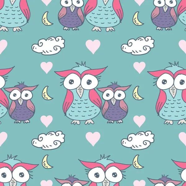 Baykuşlar, bulutlar ve kalplerle kusursuz bir şablon. El çizimi illüstrasyon.