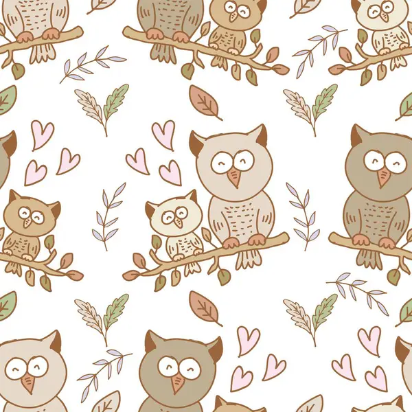 Sevimli baykuşlar ve dallarla kusursuz bir desen. Vektör illüstrasyonu.