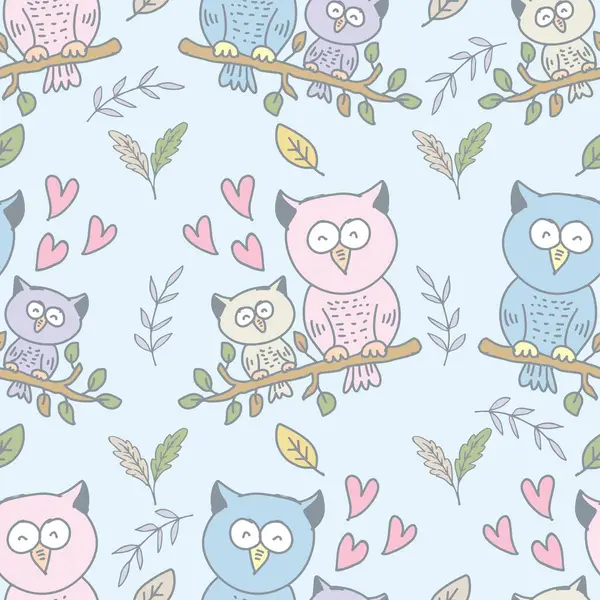 Sevimli baykuşlar ve dallarla kusursuz bir desen. Vektör illüstrasyonu.