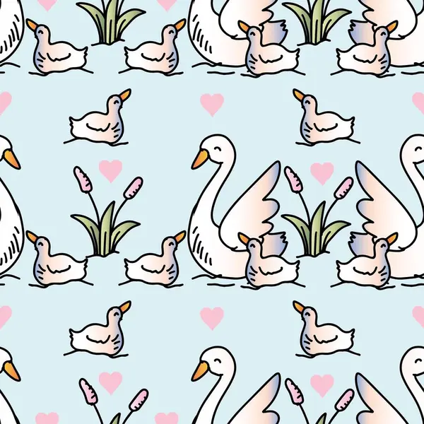 Açık mavi arka planda kuğular ve ördekler olan kusursuz desenler. Vektör illüstrasyonu.