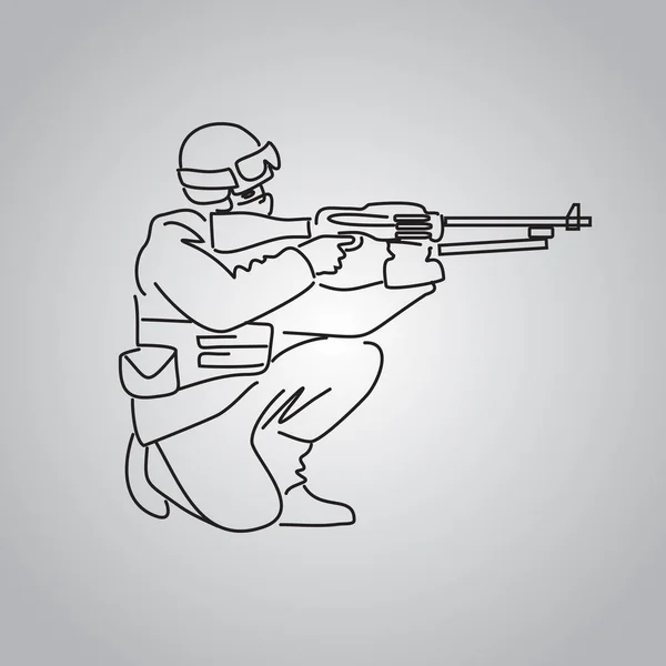 Soldado Dispara Desde Una Ametralladora Dibujo Línea Diseño Minimalismo Ilustración — Vector de stock