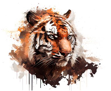 Aquarelle stili bir kaplan portresi, suluboya çizimi. Beyazda izole edilmiş.