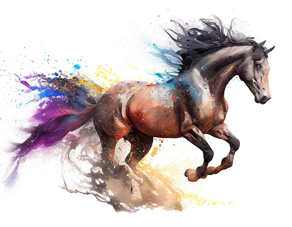watercolor painting of galloping horse, free running mustang aquarelle