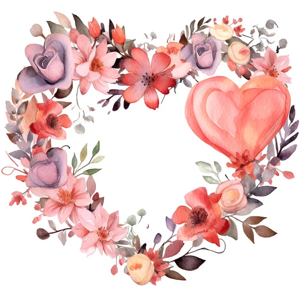 Wreath Flowers Shape Heart Red Gray Colors Watercolor Illustration Isolated — Stock Photo, Image