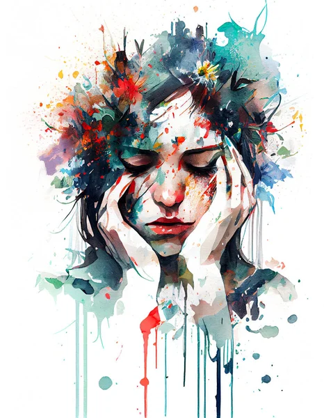 Портрет Плачущей Молодой Женщины Венке Цветов Акварельный Рисунок Пятнами Полосками — стоковое фото