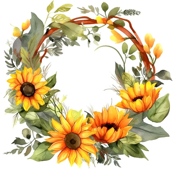 Una Corona Flores Con Girasoles Ilustración Acuarela Aislado Sobre Fondo —  Fotos de Stock