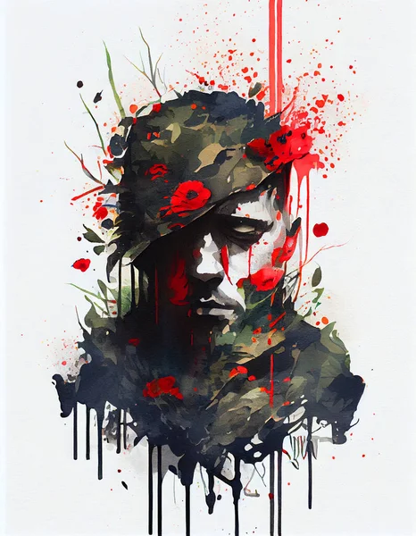 Retrato Soldado Triste Memoria Héroe Guerra Dibujo Acuarela Con Manchas —  Fotos de Stock