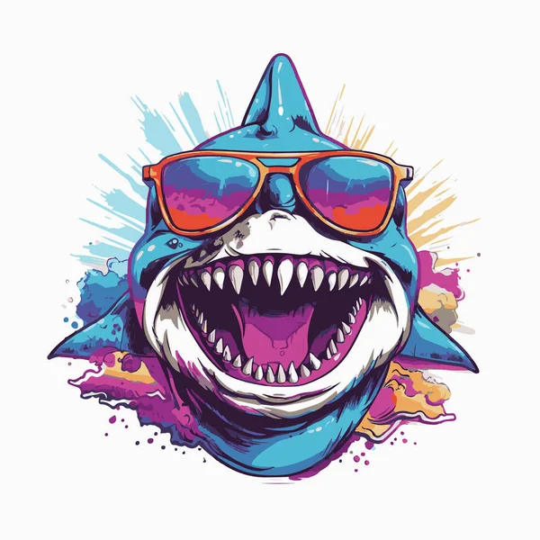 Cartoon Portrait Smiling Shark Wearing Sunglasses Watercolor Drawing Stains Streaks — Stock Vector