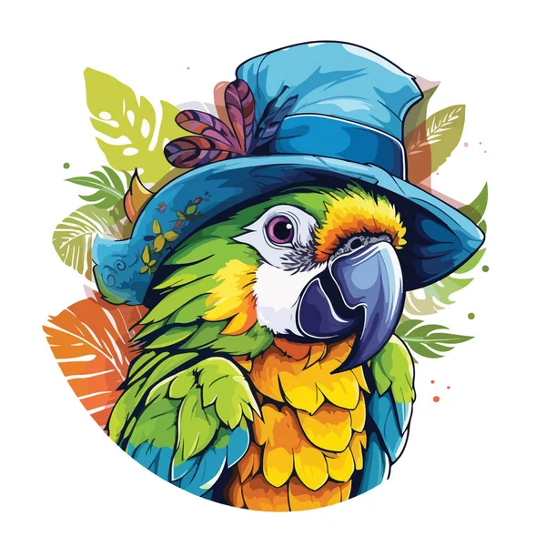 Full Color Portrait Parrot Wearing Hat Watercolor Drawing Stains Streaks — Stock Vector