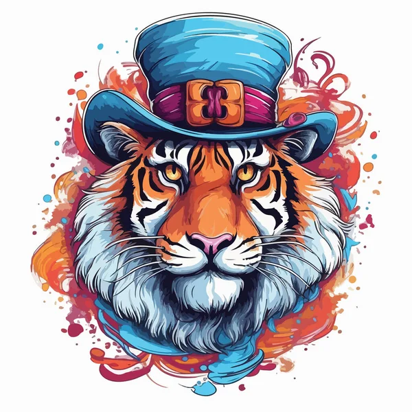 Ritratto Colori Una Tigre Carina Che Indossa Cappello Disegno Acquerello — Vettoriale Stock