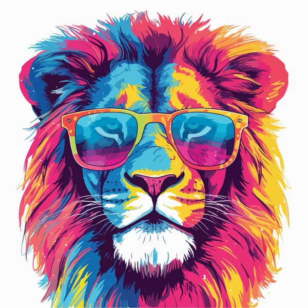 Vollfarbiges Porträt Eines Löwen Mit Sonnenbrille Aquarellzeichnung Mit Flecken Und — Stockvektor