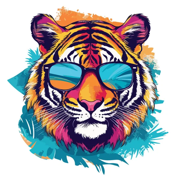 Tigerporträt Mit Sonnenbrille Und Hellem Abstrakten Farbspritzer Ornate Vektorillustration Für — Stockvektor