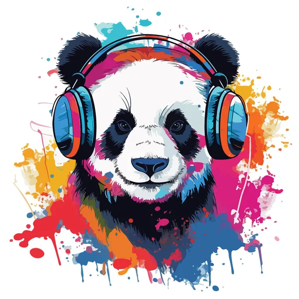 Retrato Dibujos Animados Panda Con Auriculares Dibujo Acuarela Con Manchas — Archivo Imágenes Vectoriales