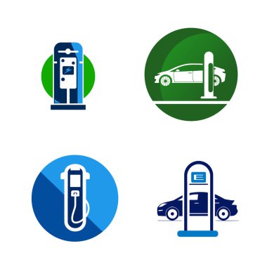 Fiş simgesi olan elektrikli araba, EV araba, yeşil hibrit araçlar şarj noktası logoti, çevre dostu araç konsepti