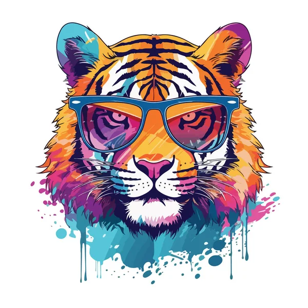 Retrato Tigre Con Gafas Con Salpicaduras Pintura Abstracta Brillante Ilustración — Vector de stock