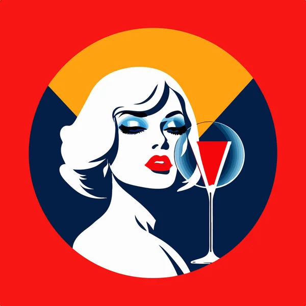 ワインのグラスを持つ女性の肖像画 レトロ調の抽象的なカラーポスター — ストックベクタ