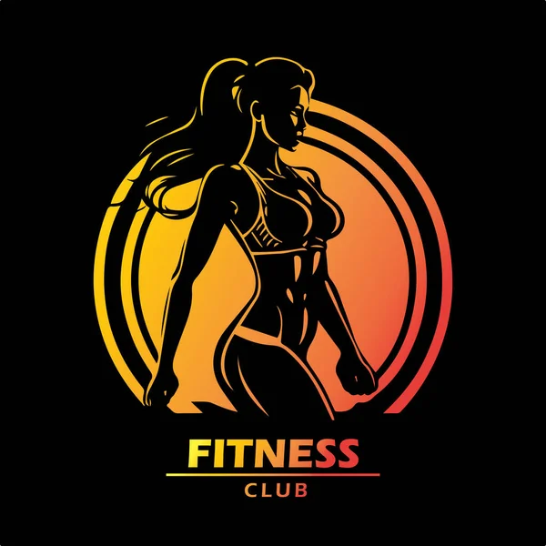 健身馆标志设计模板与运动女子隔离在黑色背景下 — 图库矢量图片