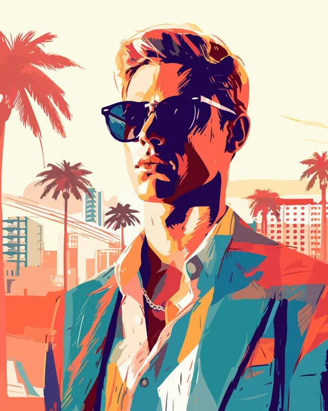 一个戴着抽象眼镜的男人的画像 时尚色彩海报 — 图库矢量图片