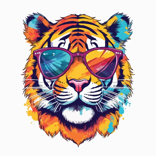 Portret Tygrysa Noszącego Okulary Przeciwsłoneczne Jasnym Abstrakcyjnym Rozbryzgiem Farby Ilustracja — Wektor stockowy