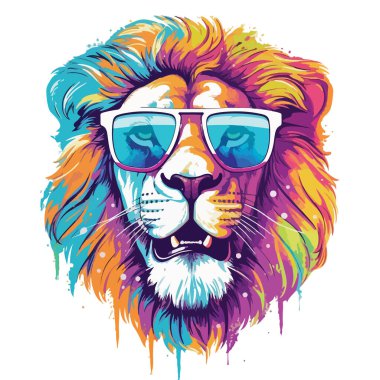 Güneş gözlüğü takan bir aslanın tam renkli portresi. Lekeli ve boyalı suluboya çizimler. Beyazda izole edilmiş .