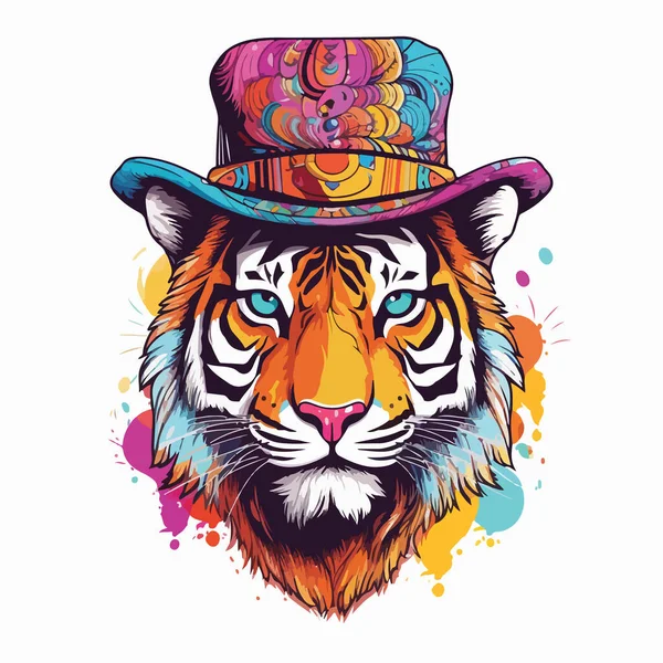Pełnokolorowy Portret Uroczego Tygrysa Kapeluszu Rysunek Akwarelowy Plamami Smugami Farby — Wektor stockowy