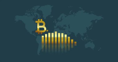 Altın Bitcoin kripto para birimi arkaplan şeması üzerinde bir dünya haritası mavi arkaplan