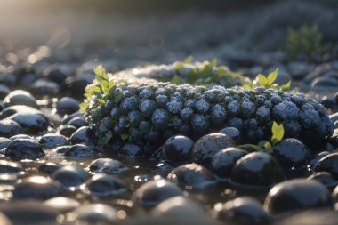 Aydınlatılmış tepeleri, yansımaları, mavi gökyüzü ve gün doğumunda sarı güneş ışığıyla yüksek dağları olan güzel bir manzara. Güzel dağları olan inanılmaz manzaralar